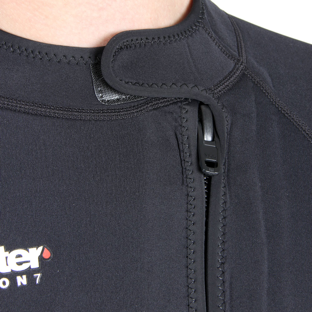 The hotwater wetsuit/ undersuit has a front entry YKK plastic vertical zip with Velcro tab to secure the zip in place when closed