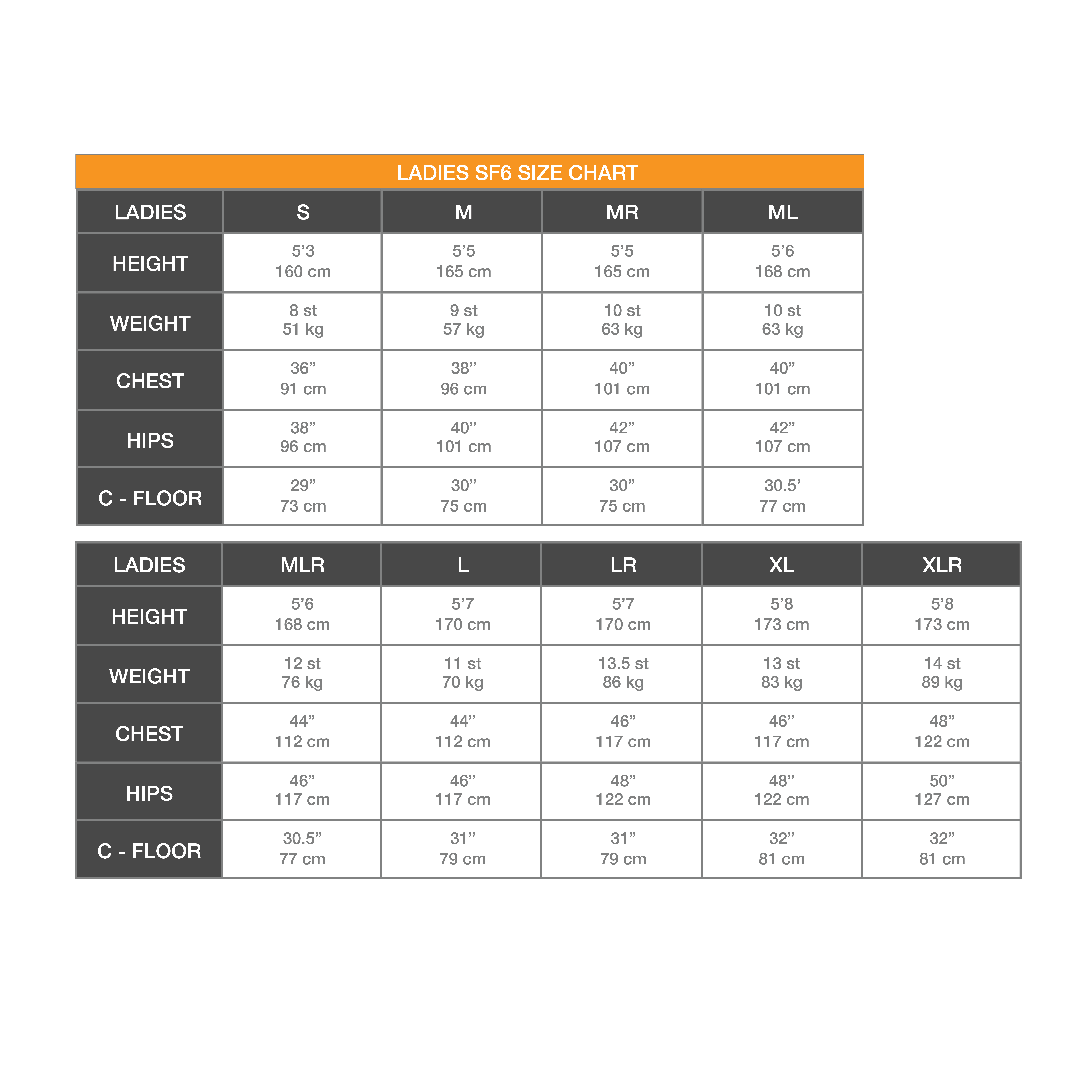 Ladies SF6 Size Chart